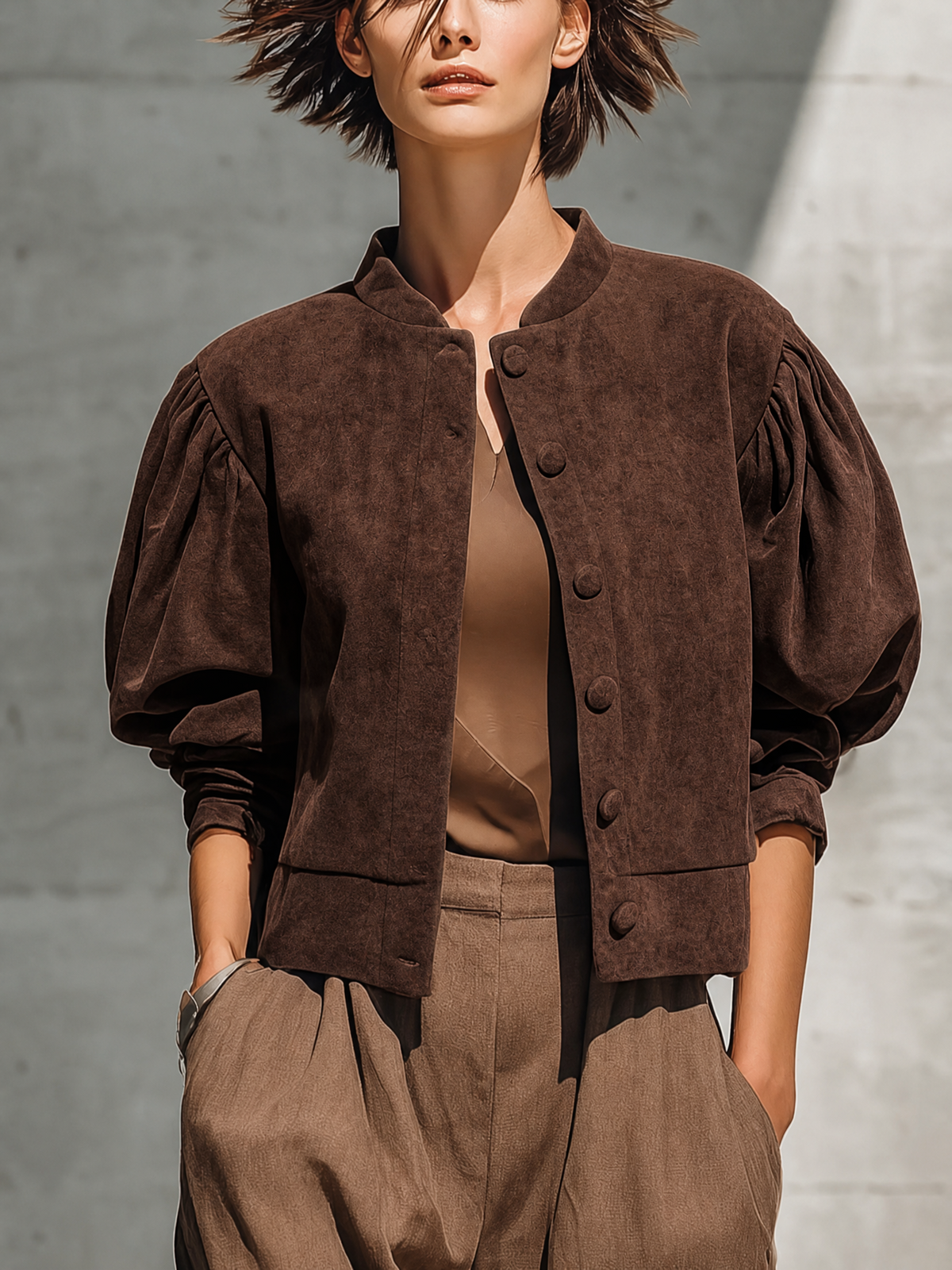 Women's Stand Collar Puff Sleeve Brown Jacket MDZ0517H0YZJ
