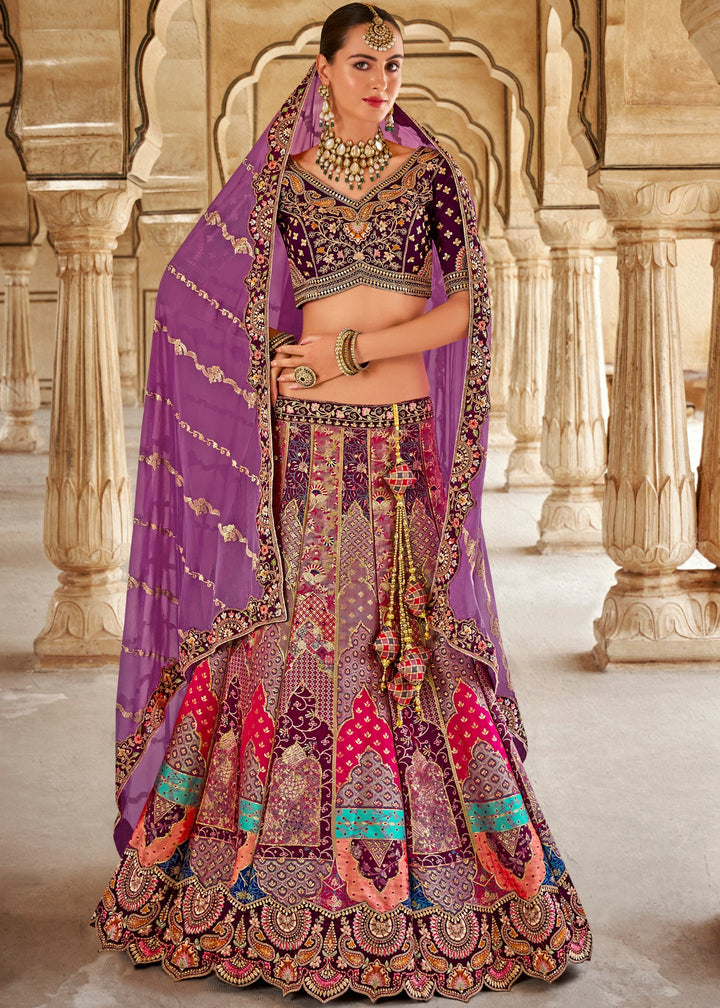 Violet Purple & Pink Banarasi Silk Lehenga Choli with Zarkan, Sequence and Thread Work