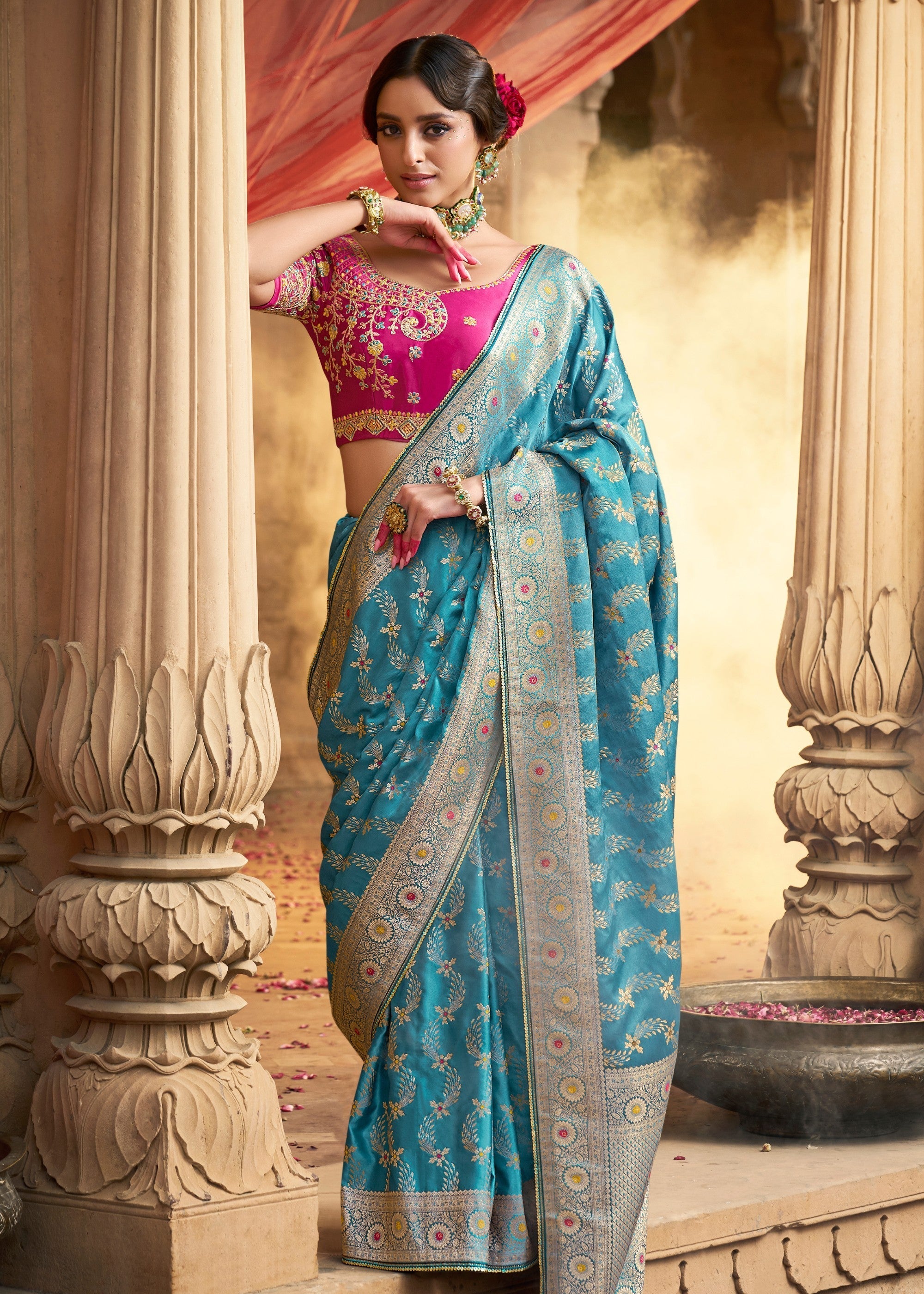 Capri Blue Satin Silk Saree With Beautiful Lace Border And Heavy Designer Embroidered Blouse - qivii