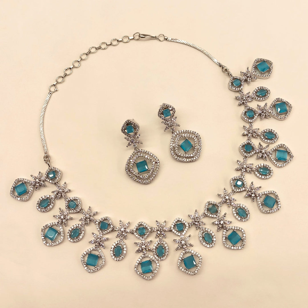 Sidra Silver Plated Semiprecious Sky Blue Stone American Diamond set