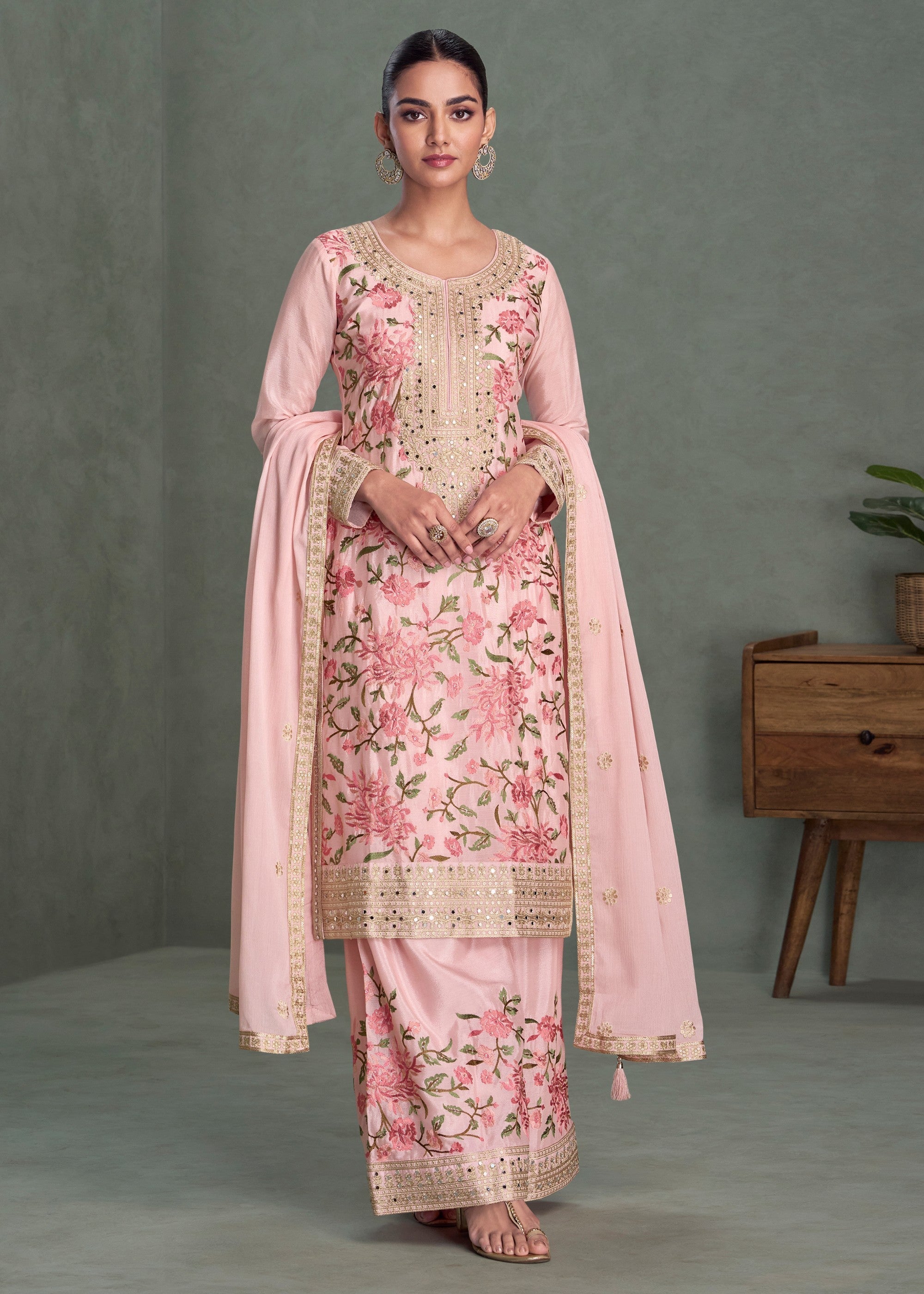 Peach Pink Premium Chinnon Silk Salwar Suit - qivii