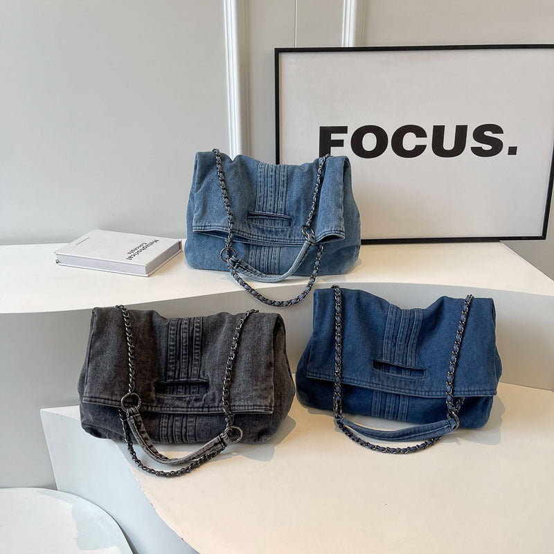 Women's Vintage Denim Tote Bag with Chain Strap – Structured Large-Capacity Crossbody & Shoulder Bag