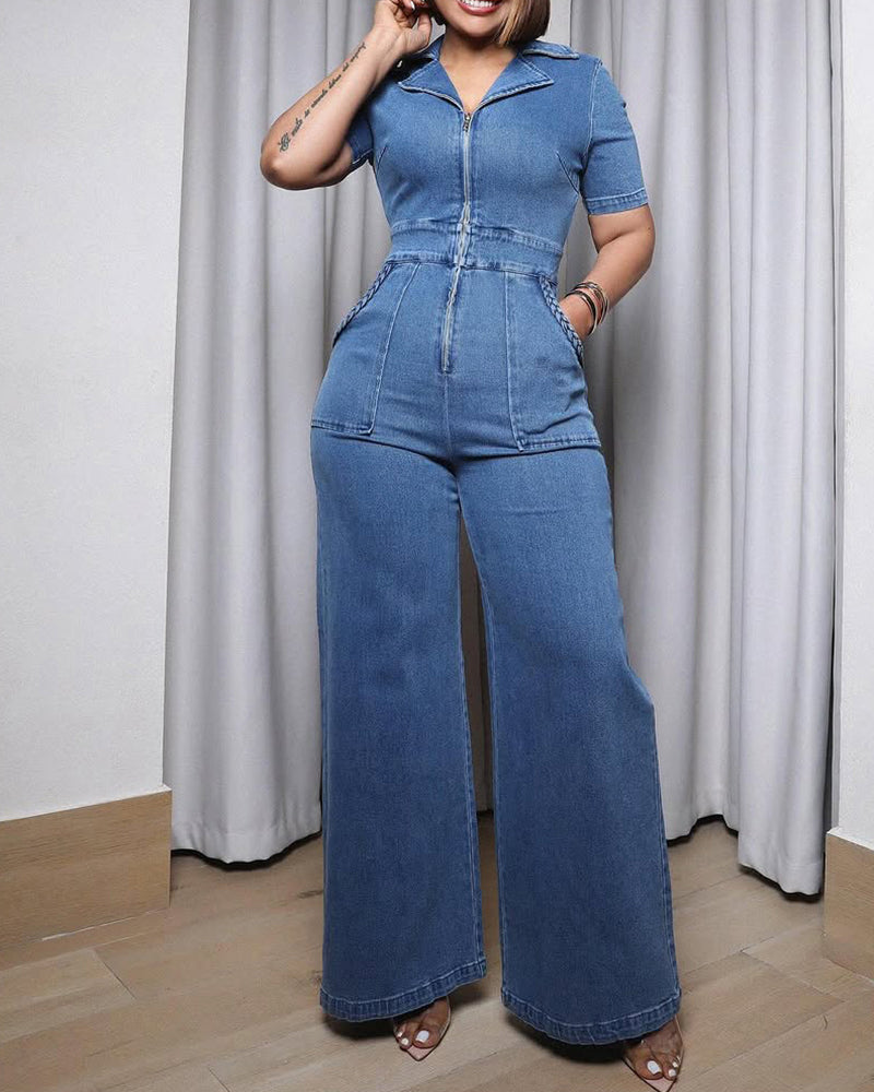 Women's Casual Short Sleeve Loose Straight Leg Denim Jumpsuits with Pockets  - By Qivii