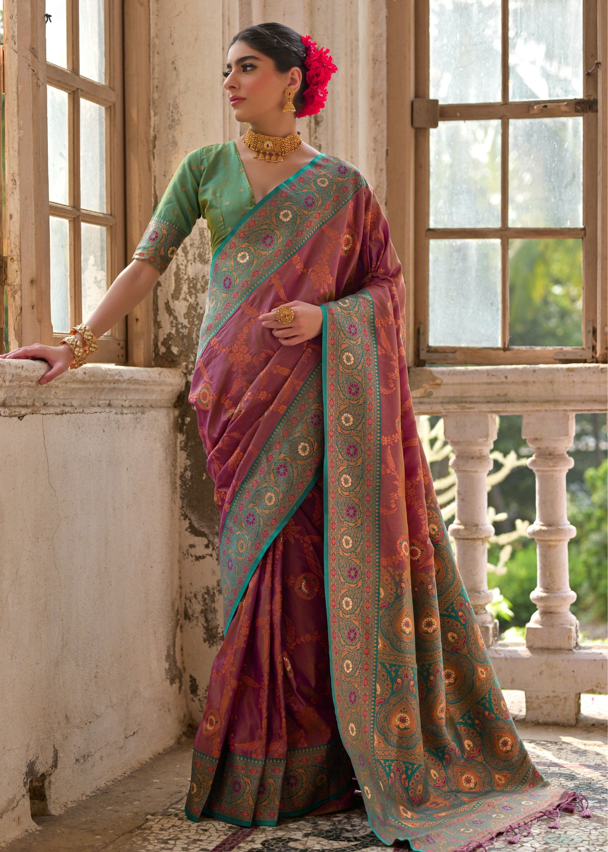 Wine Red All Over Flower Printed Zari Woven Banarasi Silk Saree With Contrast Pallu - qivii