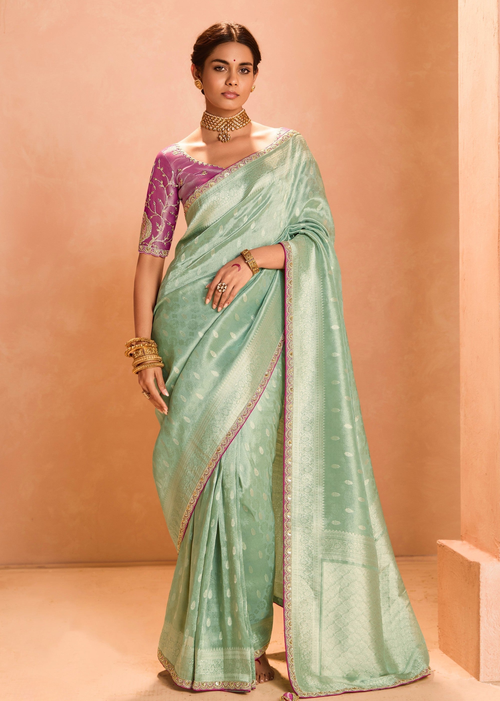 Mint Green Zari Tissue Silk Saree With Weaving Work And Heavy Embroidery Lace - qivii