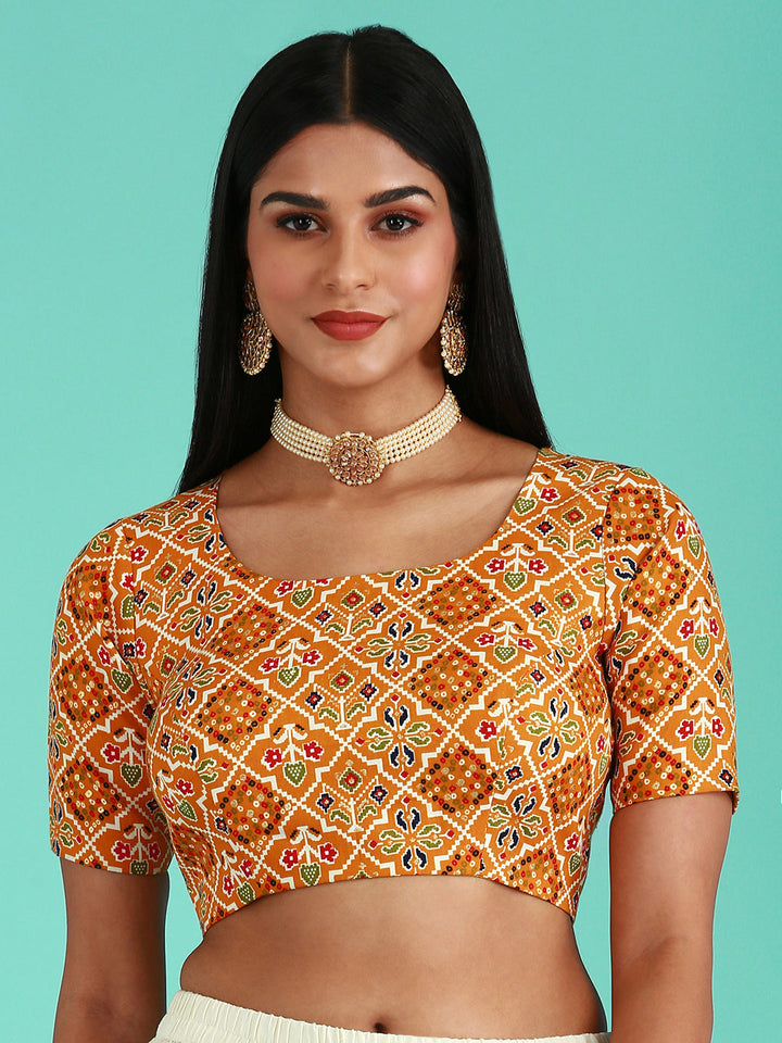 Mustard-Toned Cotton Silk Applied Foil and Patola Print readymade blouse