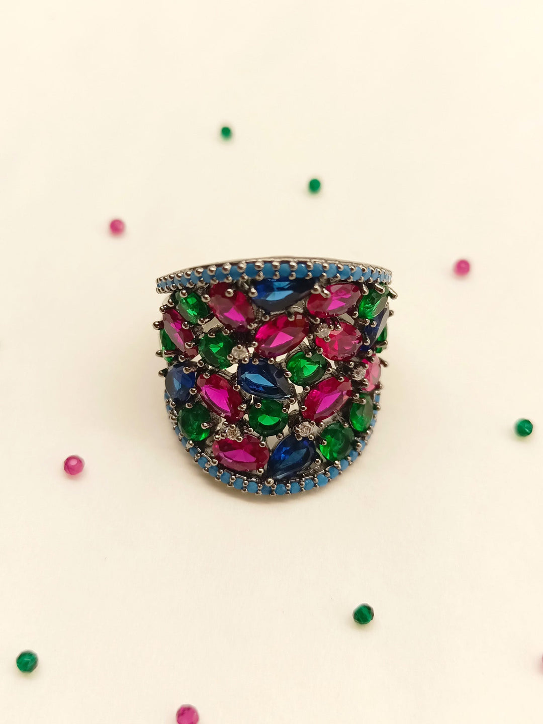 Gulika Multi Colour Victorian Finger Ring in elegant gold and blue hues with intricate floral design