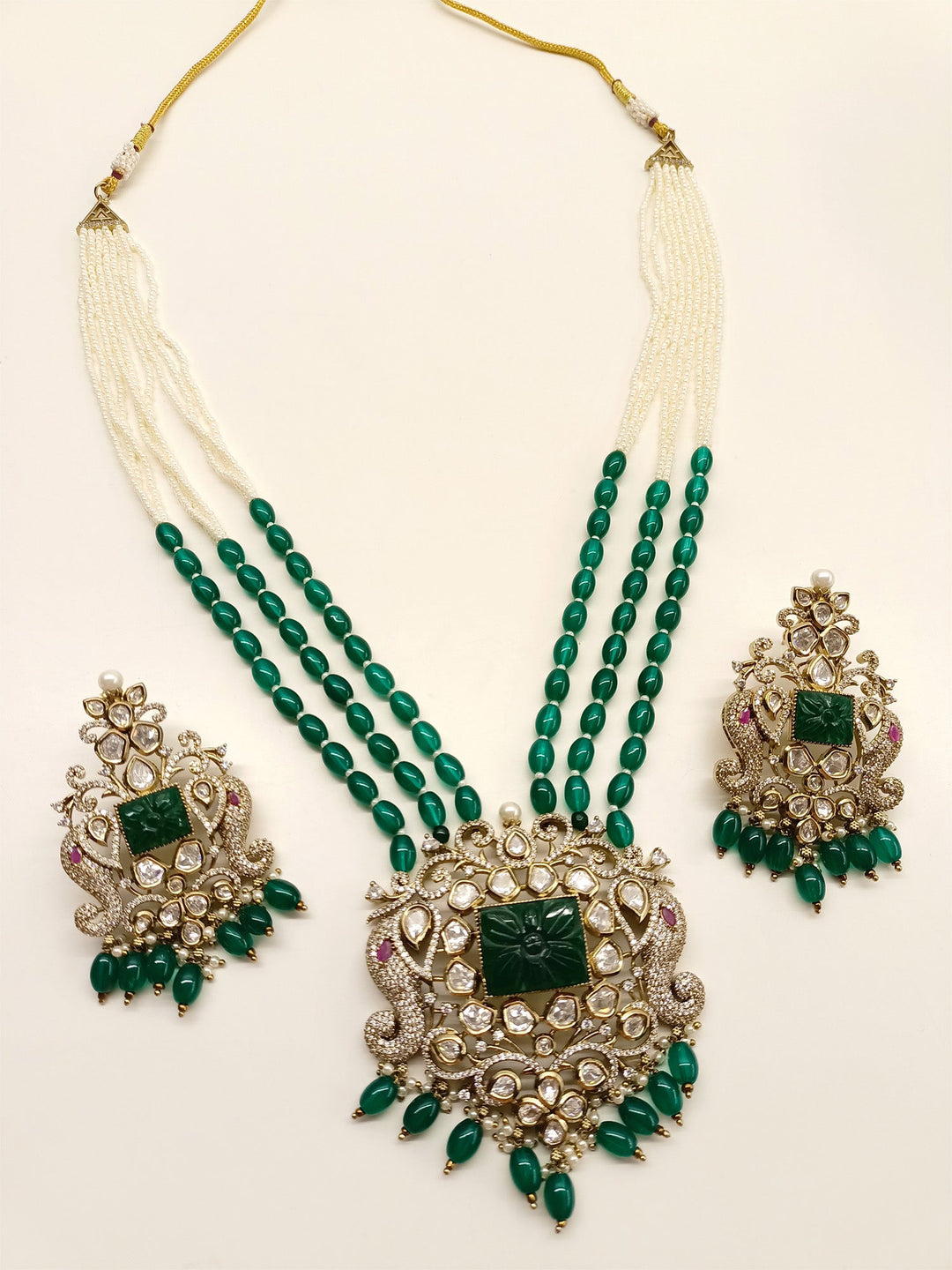 Darika Green Kundan Polki Long Necklace Set