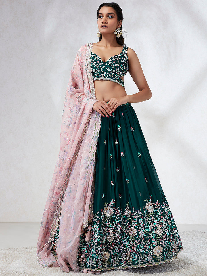 Georgette Sequins, Mirror and thread embroidery Stitched Lehenga choli