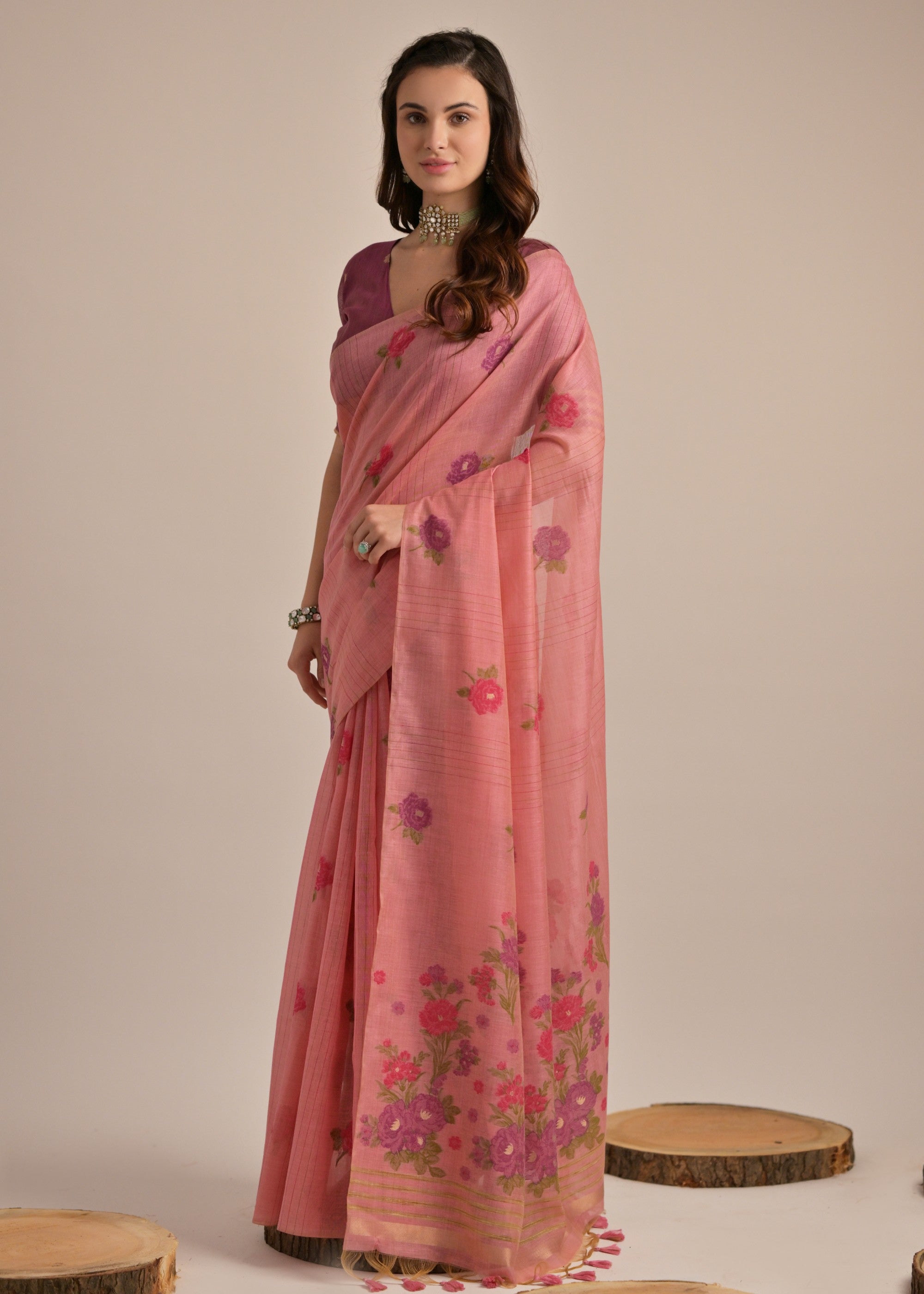 Coral Pink Thread Woven Cotton Saree With Contrast Blouse - qivii