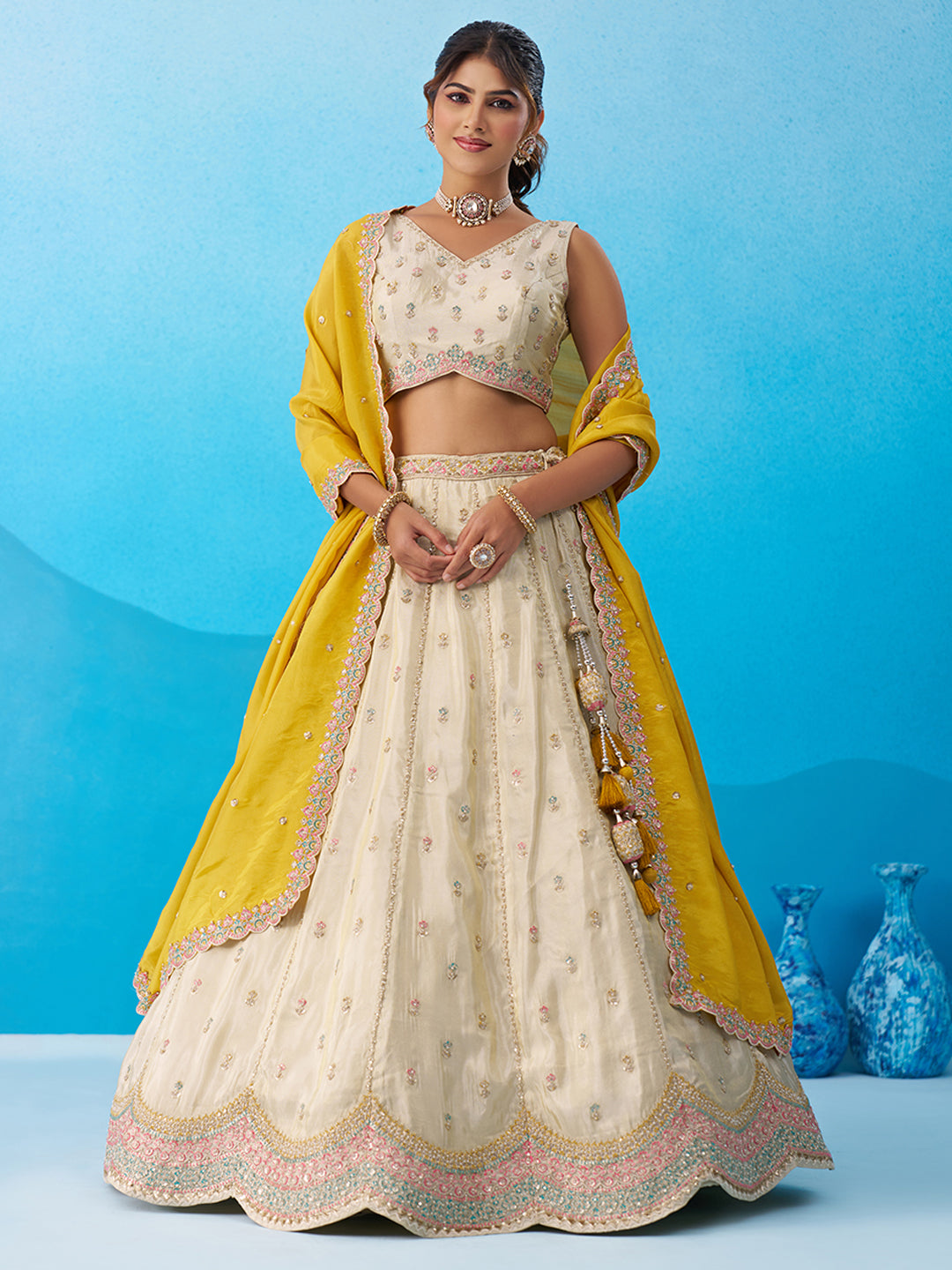 Mustard Tissue Sequins Embroidered Semi-Stitched Lehenga Set