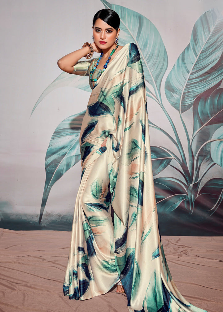 Ivory and Green Satin Crepe With Digital print