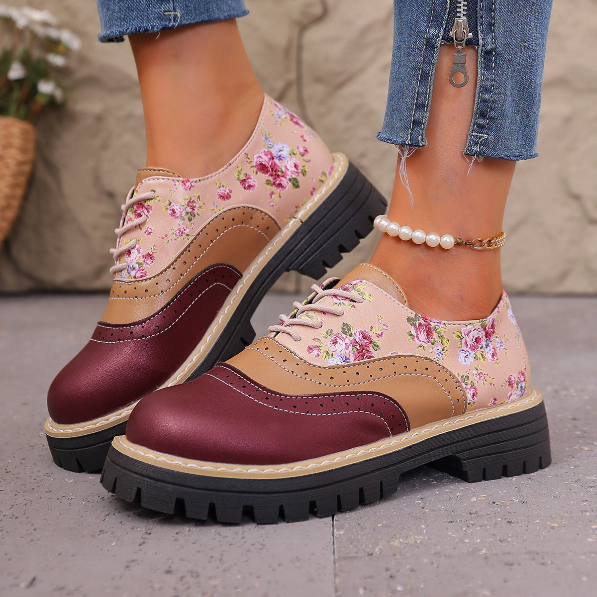 Women's Maribel Floral Brogue Shoes - Color-Block Chunky Platform Lace-Up Oxfords with Lug Sole (US 5-10.5)