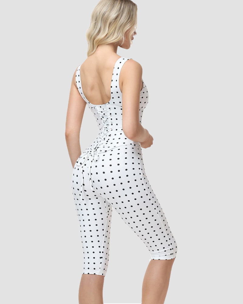 Polka Dot Square Neck Capri Jumpsuit with Hourglass Detachable Corset Two-Piece Set  - By Qivii