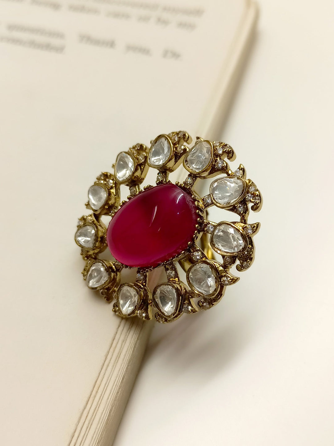  Beautifully Crafted Vasvi Ruby Victorian Finger Ring with Antique Gold Finish and Ornate Details