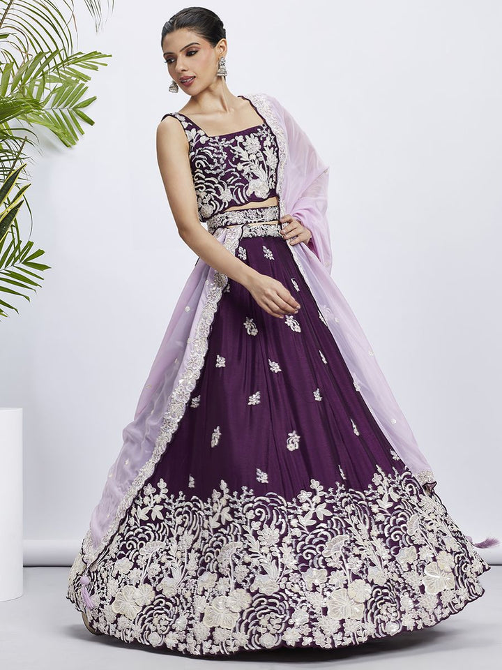 Purple Georgette White Sequin Lehenga Choli with intricate white thread embroidery