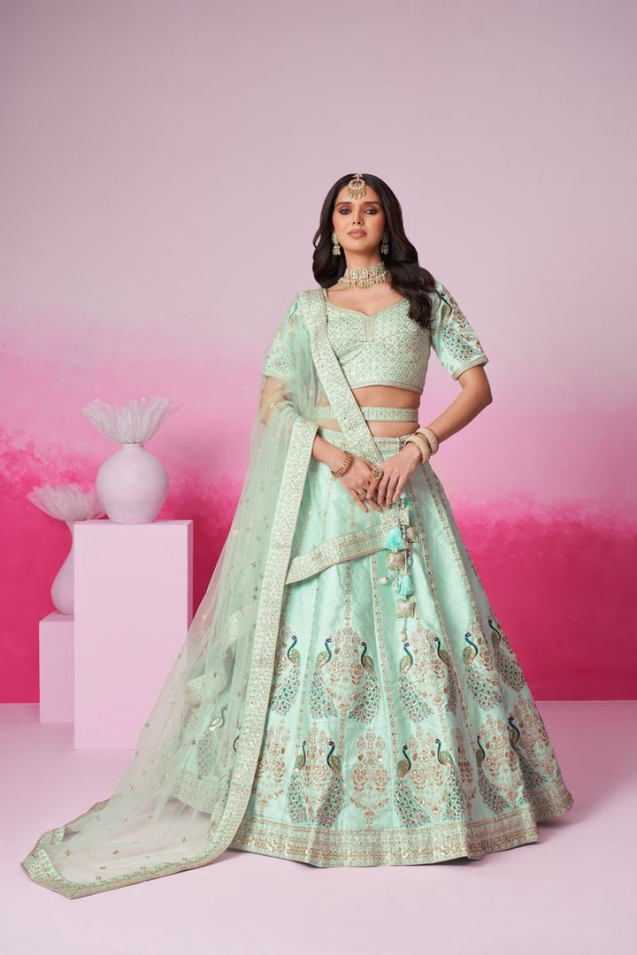 Seagreen Pure Silk Bridal Lehenga Choli with Golden Sequin and Zarkan Heavy Embroidery