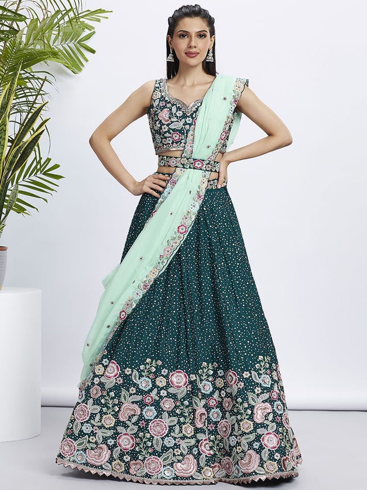 Green - Chiffon Multi-Color Thread,Sequin Heavy Embroidered Semi-Stitched Lehenga