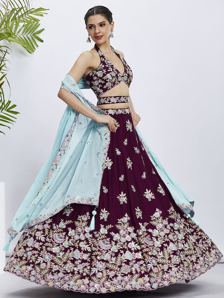 Burgundy - Multi Color Sequined & Thread Embroidered Pure Georgette Semi-Stitched Lehenga choli