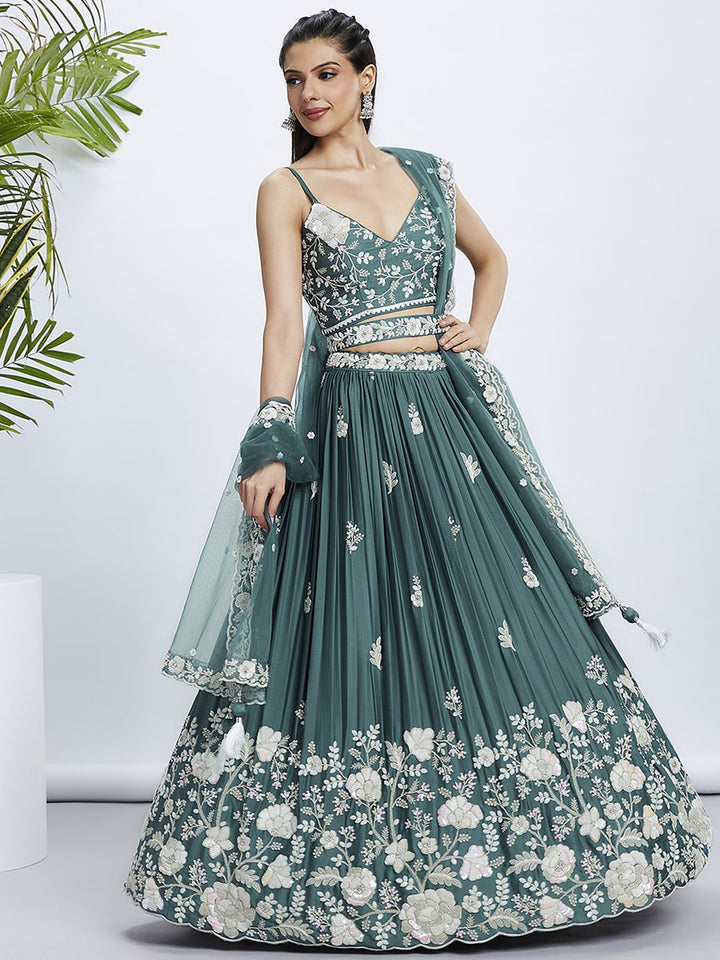 Turquoise blue Pure Georgette Sequins and thread embroidery Semi-Stitched Lehenga choli & Dupatta