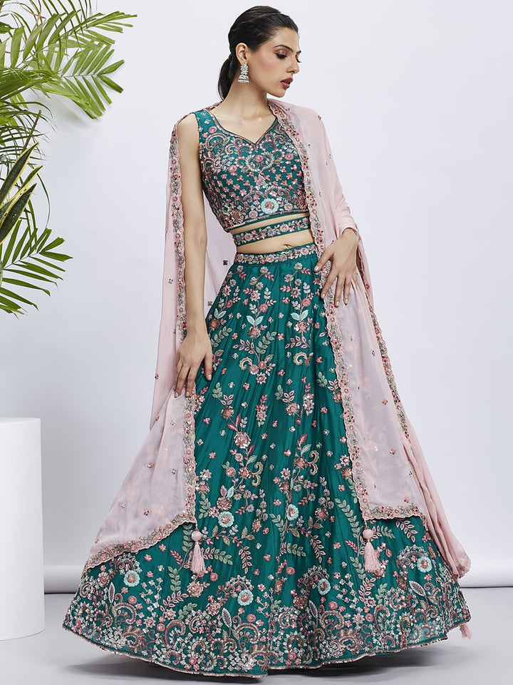 Green - Pure Georgette Golden Sequined, Multi-Color Thread & Zarkan Embroidered Semi-Stitched Lehenga choli