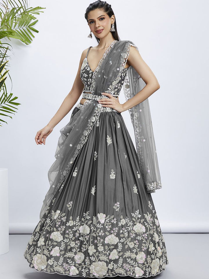 Grey Pure Georgette Sequins and thread embroidery Semi-Stitched Lehenga choli & Dupatta