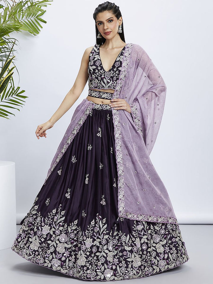 Purple Pure Georgette Sequins and thread embroidery Semi-Stitched Lehenga choli & Dupatta