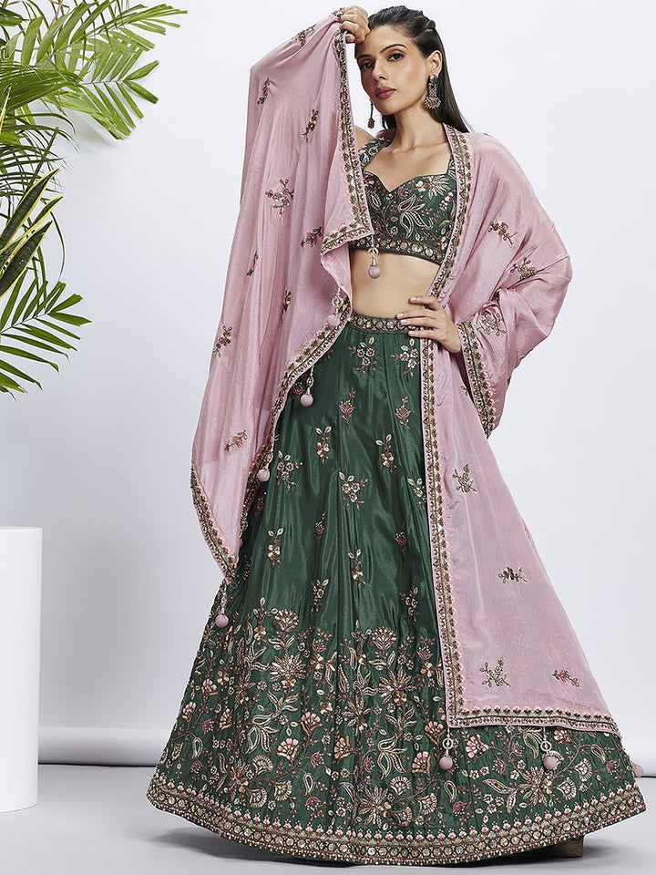 Green Pure Chiffon Sequins and thread embroidery Semi-Stitched Lehenga choli & Dupatta