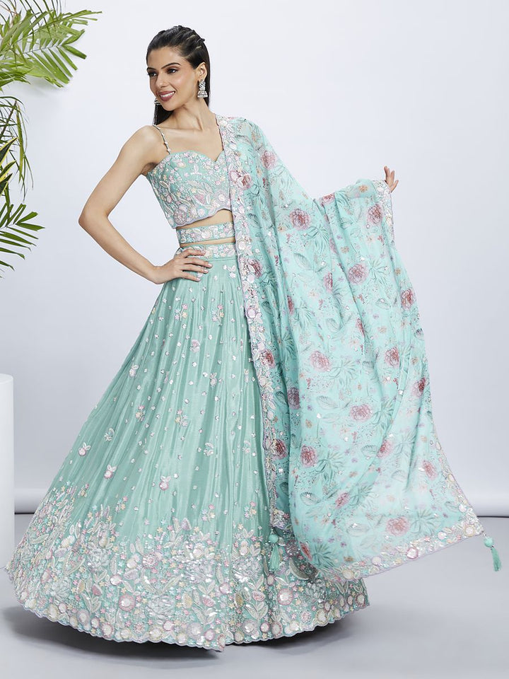 Sea green Chiffon Sequins and thread embroidery Semi-Stitched Lehenga choli & Dupatta