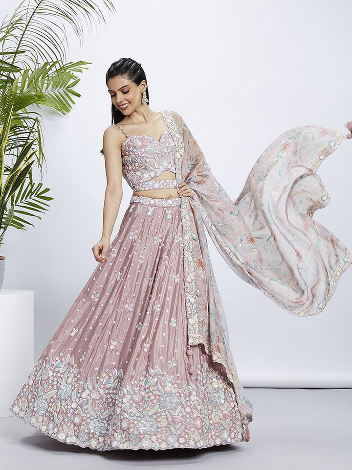 Beautiful rose gold chiffon lehenga choli with sequins and embroidery