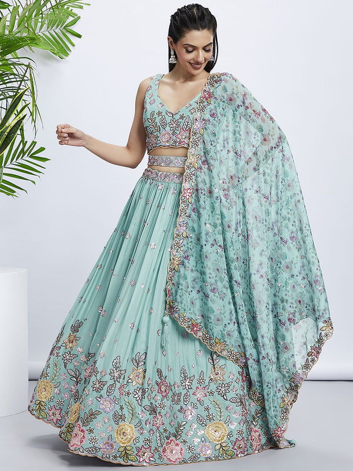 Turquoise blue Chiffon Sequins and thread embroidery Semi-Stitched Lehenga choli & Printed Dupatta