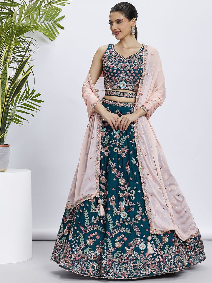 Teal - Pure Georgette Golden Sequined, Multi-Color Thread & Zarkan Embroidered Semi-Stitched Lehenga choli