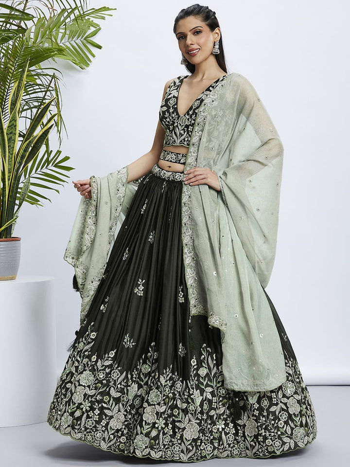 Olive Pure Georgette Sequins and thread embroidery Semi-Stitched Lehenga choli & Dupatta