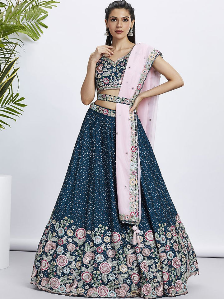 Navy Blue - Chiffon Multi-Color Thread,Sequin Heavy Embroidered Semi-Stitched Lehenga