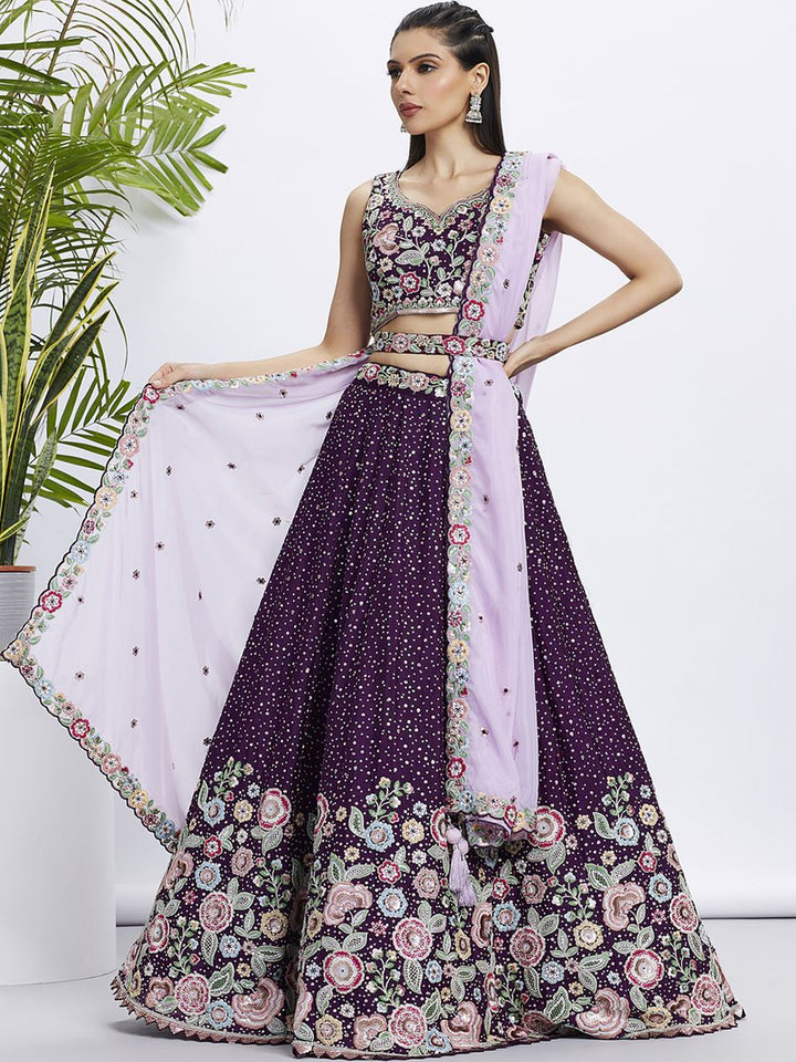 Beautiful Qivii Chiffon Multi-Color Thread Lehenga with intricate embroidery and gold detailing