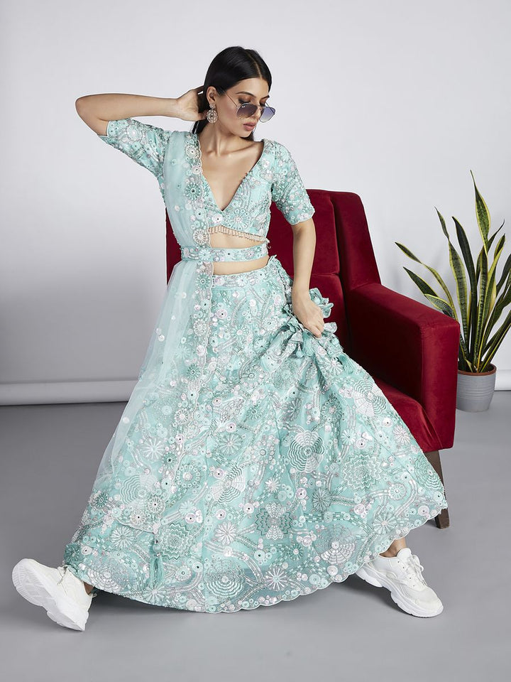 Turquoise blue Organza Sequins, Zarkan and thread embroidery Semi-Stitched Lehenga choli & Dupatta