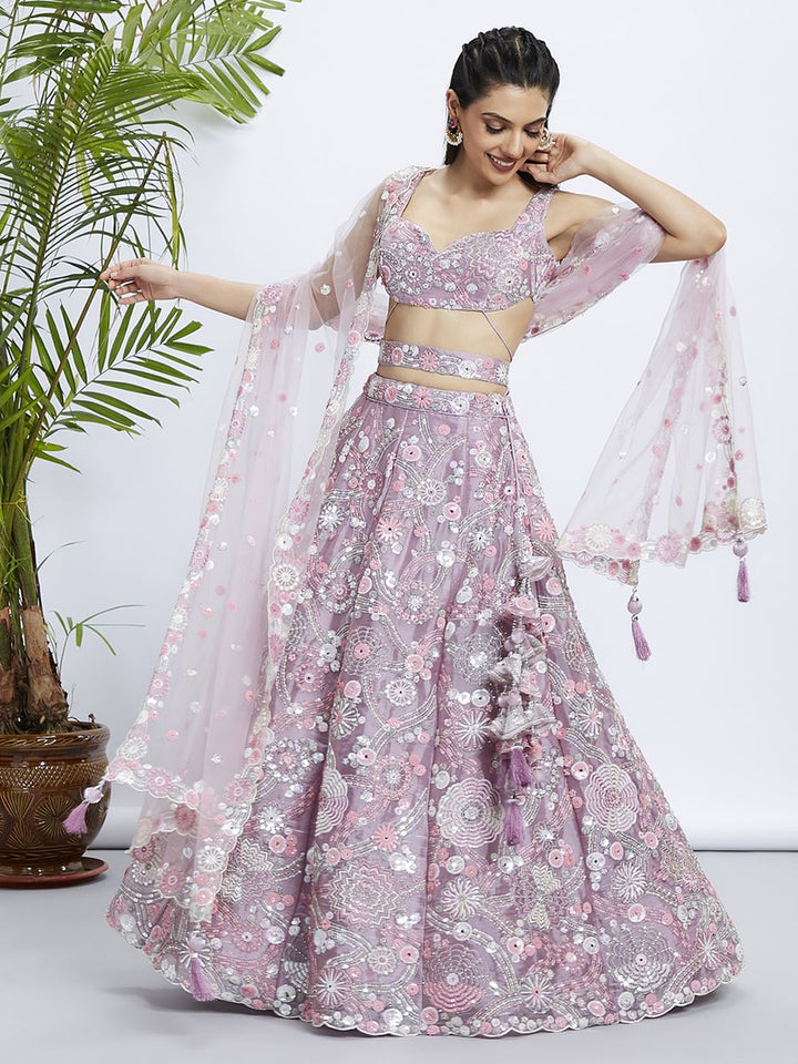 Mauve Organza Sequins, Zarkan and thread embroidery Semi-Stitched Lehenga choli & Dupatta