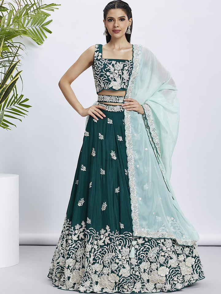 Green - Pure Georgette White Sequin,White Thread Embroidered Semi-Stitched Lehenga choli