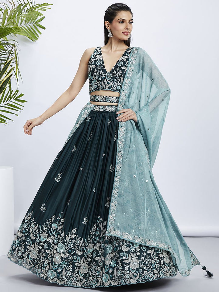 Teal Pure Georgette Sequins and thread embroidery Semi-Stitched Lehenga choli & Dupatta