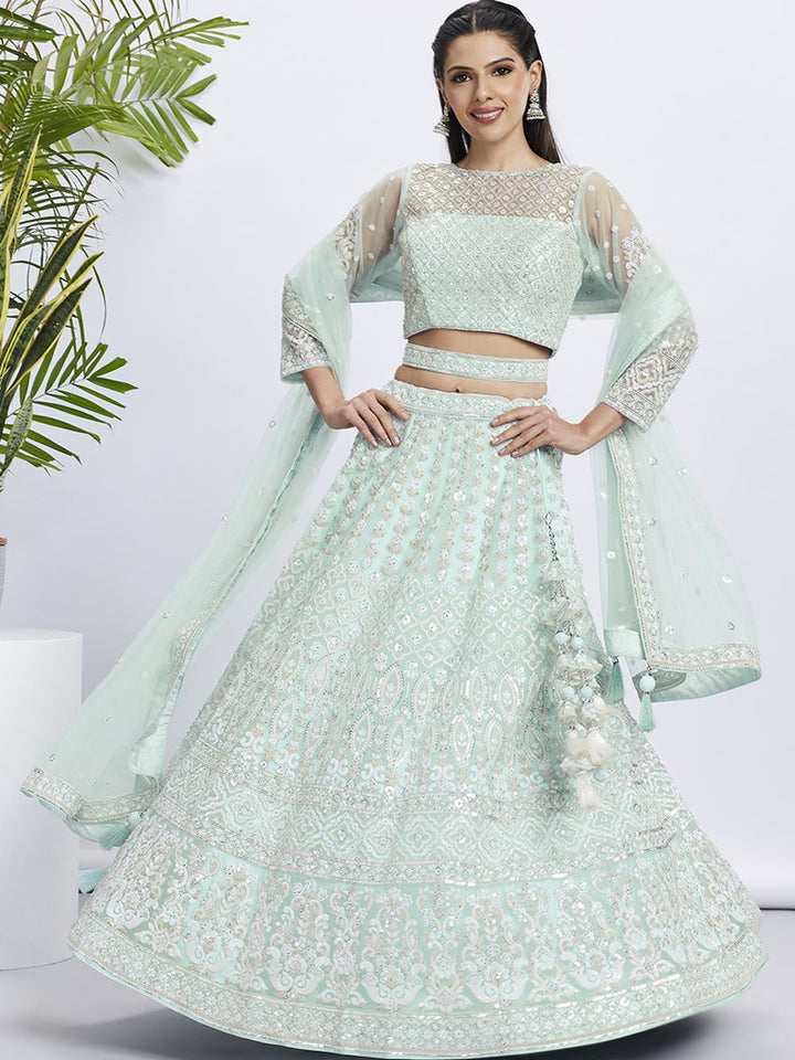 Turquoise Blue and White Color Sequined Net Lehenga Choli