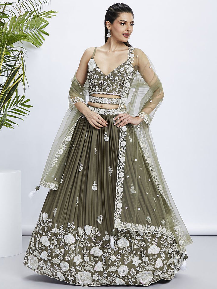 Olive Pure Georgette Sequins and thread embroidery Semi-Stitched Lehenga choli & Dupatta