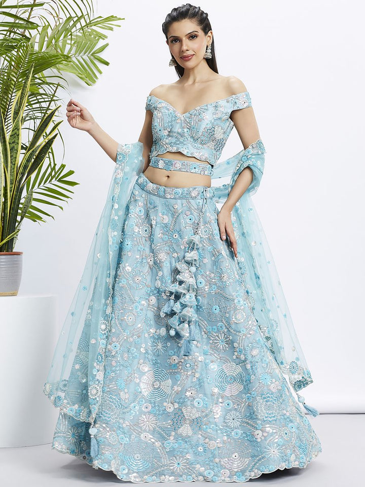 Sky blue Organza Sequins, Zarkan and thread embroidery Semi-Stitched Lehenga choli & Dupatta