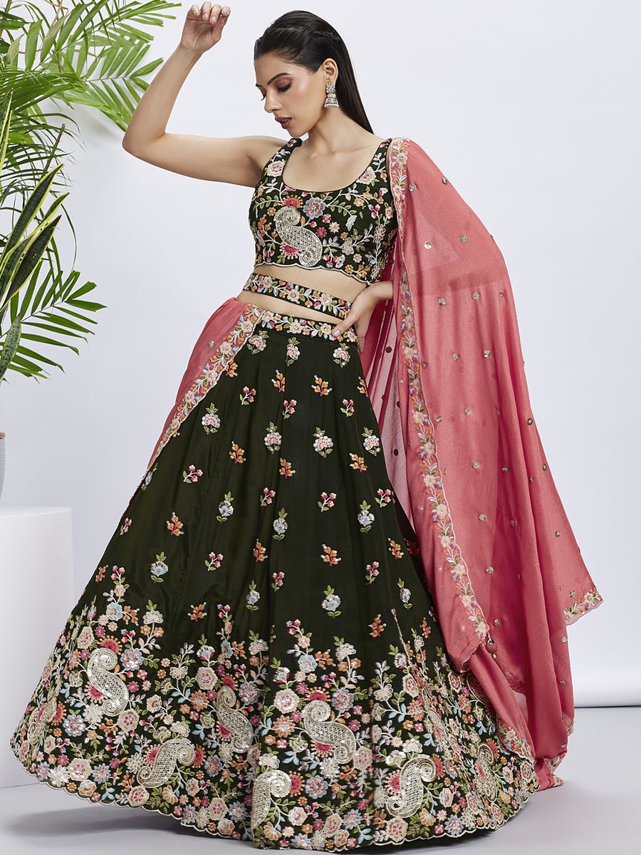 Olive - Golden Sequined & Multi-Color Thread Embroidered Organza Semi-Stitched Lehenga choli