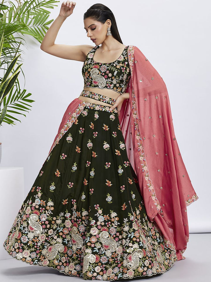 Olive - Golden Sequined & Multi-Color Thread Embroidered Organza Semi-Stitched Lehenga choli, a stunning traditional Indian outfit for special occasions