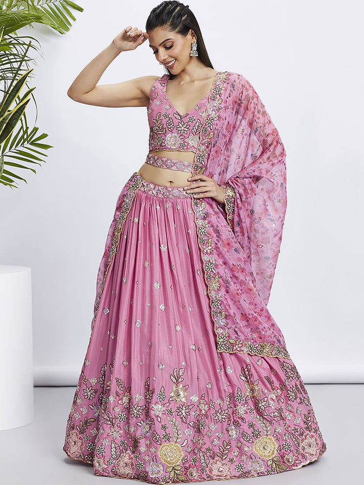 Pink Chiffon Sequins and thread embroidery Semi-Stitched Lehenga choli & Printed Dupatta