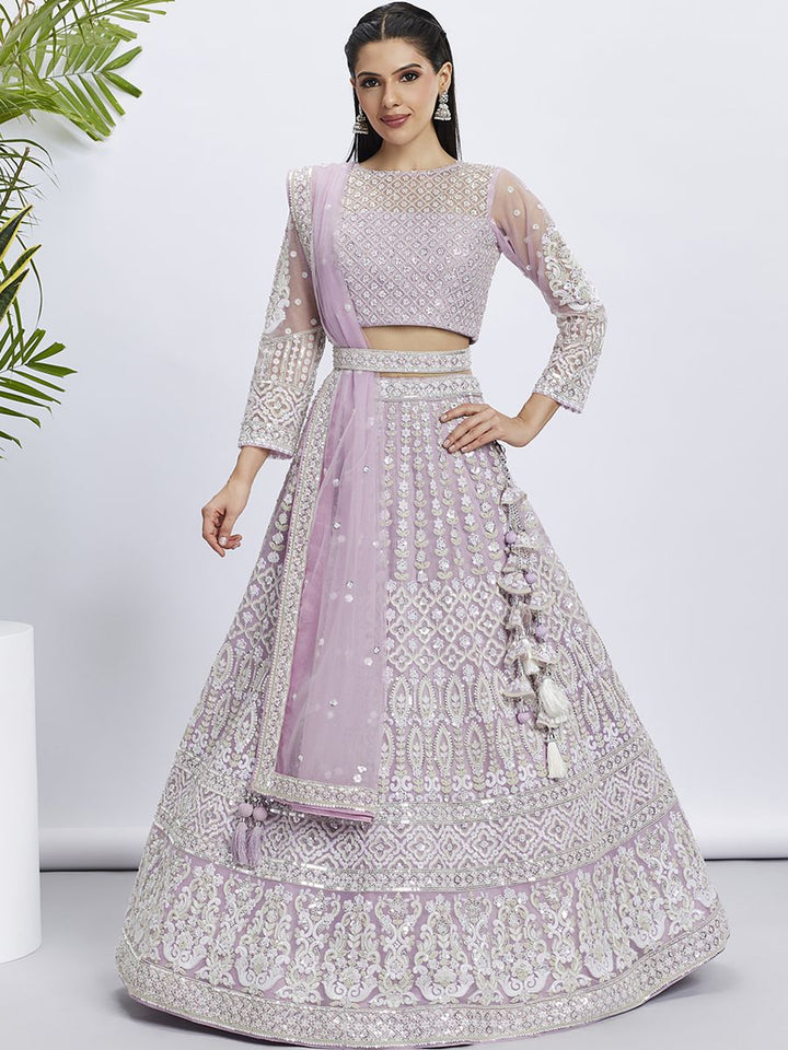 Lavender White Color Sequined Net Lehenga Choli with Heavy Embroidery