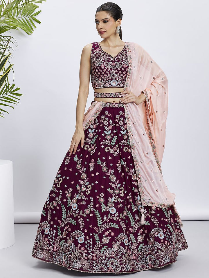 Burgundy - Pure Georgette Golden Sequined, Multi-Color Thread & Zarkan Embroidered Semi-Stitched Lehenga choli