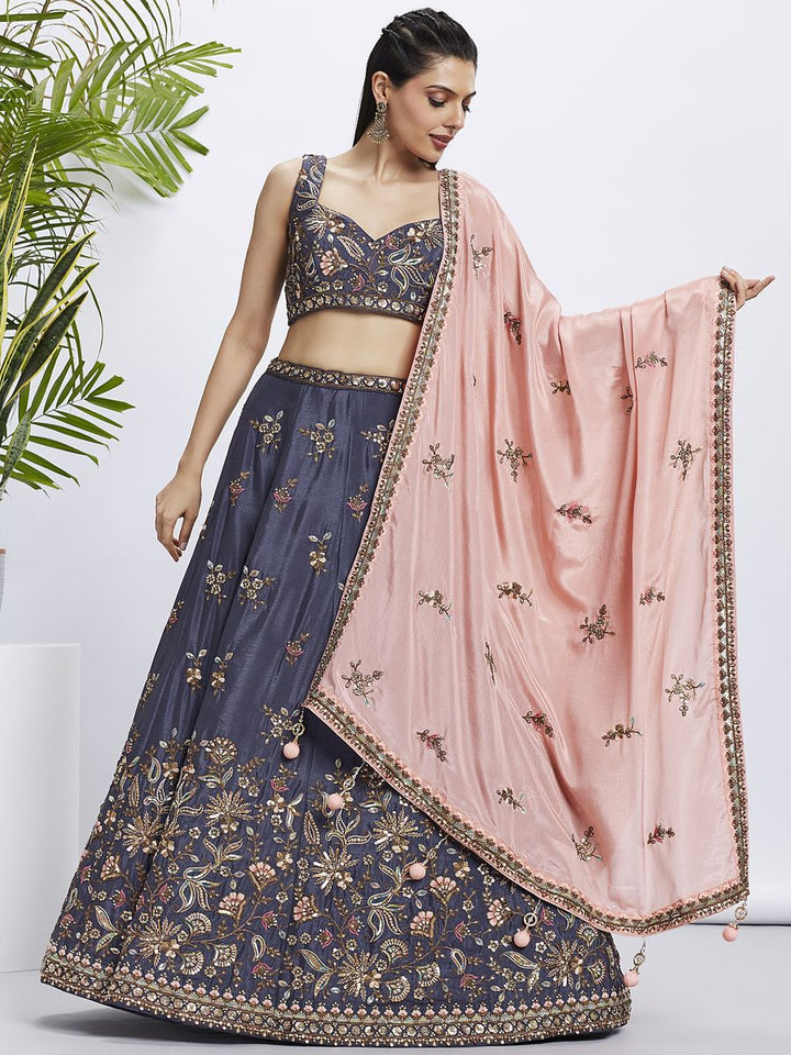 Violet Pure Chiffon Sequins and Thread Embroidery Semi-Stitched Lehenga Choli & Dupatta, perfect for traditional Indian weddings and special occasions