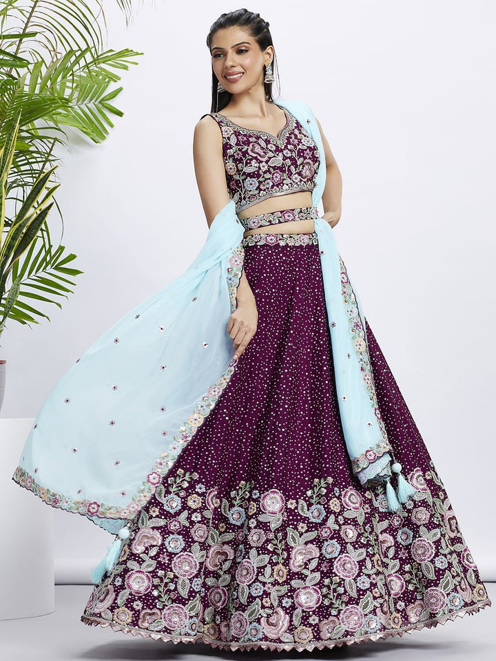 Burgundy chiffon lehenga with multi-color thread embroidery and sequins