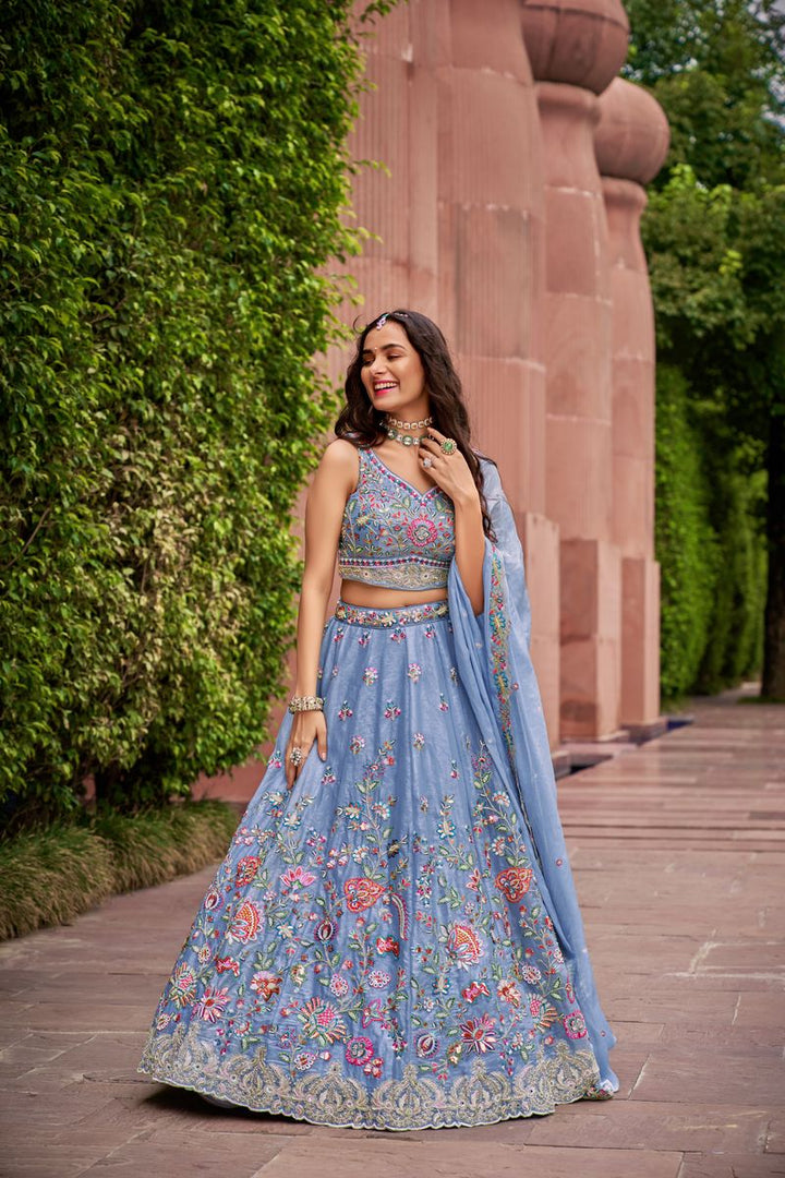 Turquoise blue Organza fabric Sequins & Mirror work Semi-Stitched Lehenga choli & Dupatta